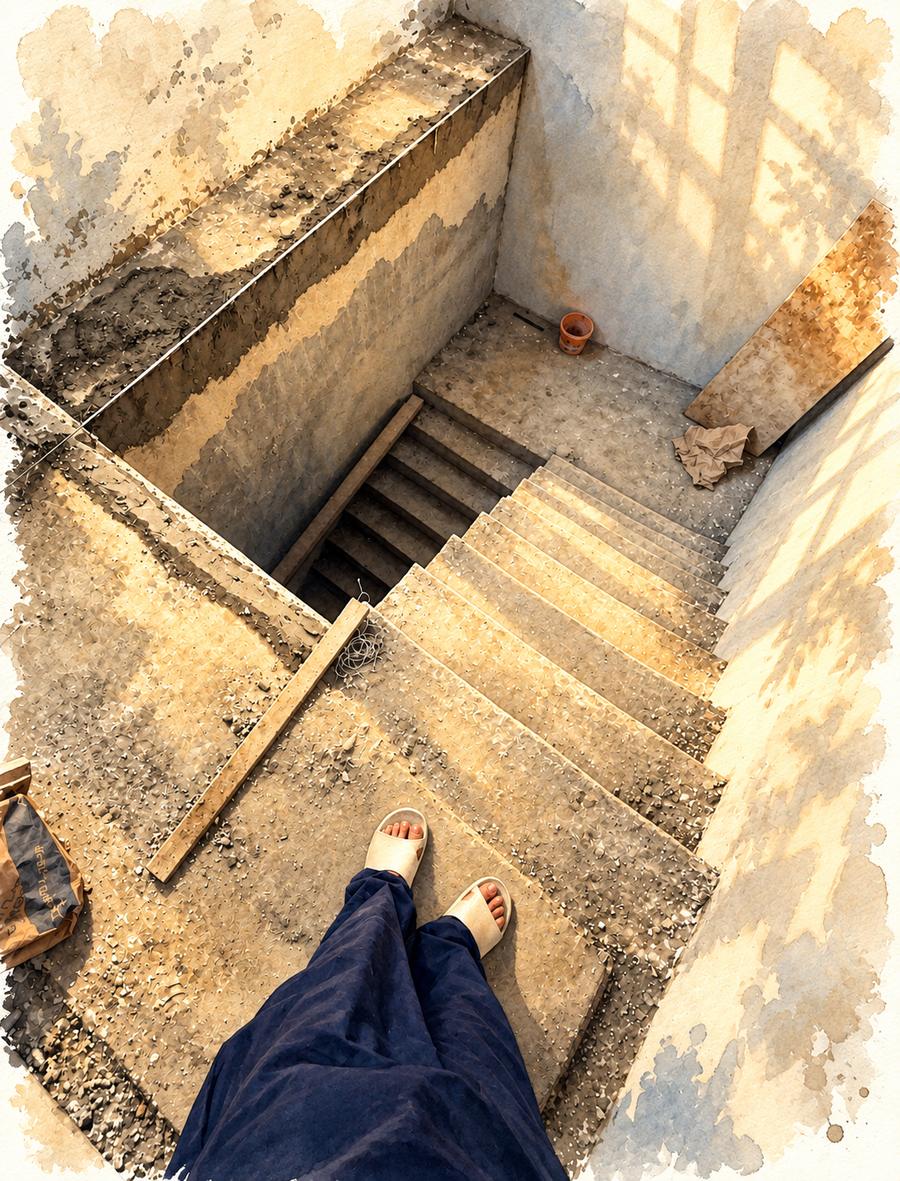 Looking down the new staircase, mid-renovation