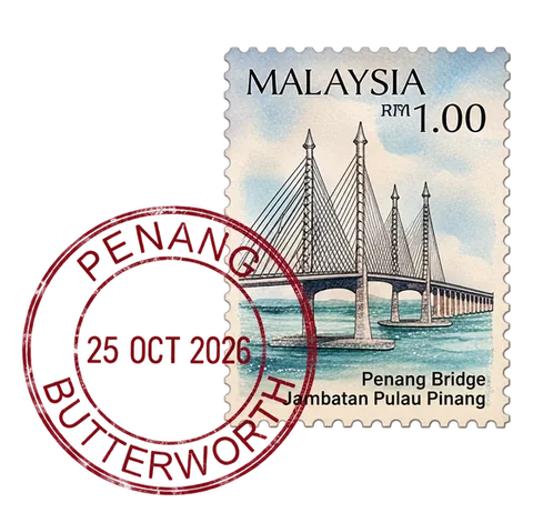 Penang Bridge stamp, postmarked Butterworth 25 Oct 2026